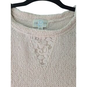 Jun & Ivy‎ Womens L Blush Knit Sweater Lace Sleeve Crewneck Coquette Romantic